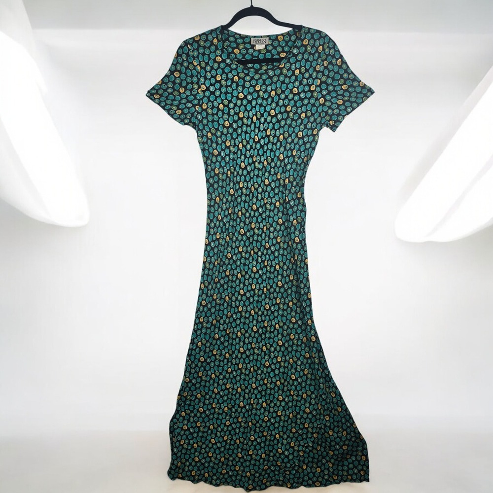 Vintage Espresso America Abroad Maxi Dress Black Teal Yellow Dot Print Woman Lrg